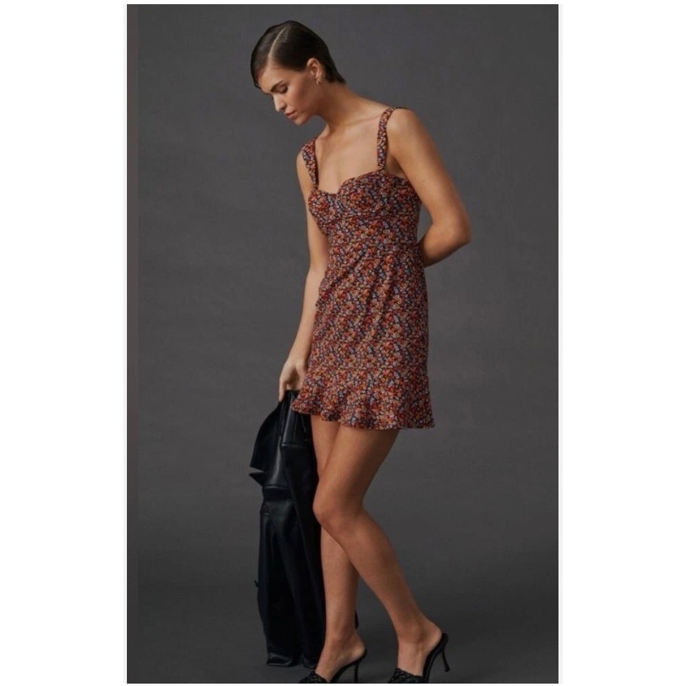 Anthropologie Hutch Ditsy Floral Mini Dress Sweetheart Neckline Ruffle Hem XL